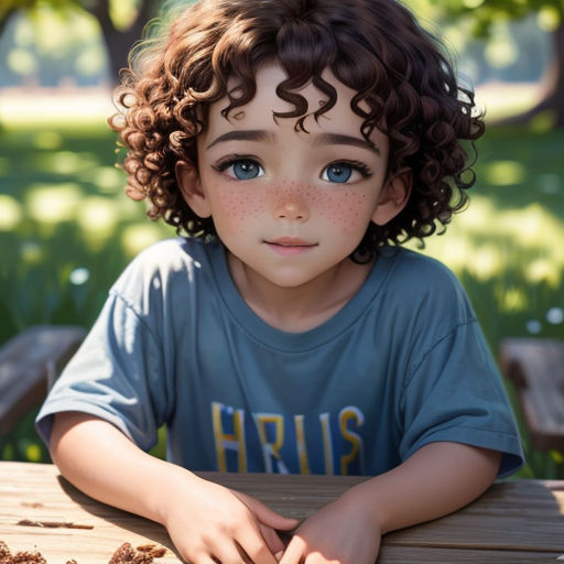 a young boy with curly hair sitting at a table with food in front of him and looking at the camera