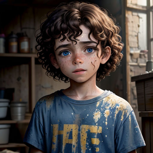 a young boy with blue eyes and a messy haircut is standing in a messy room with a cabinet