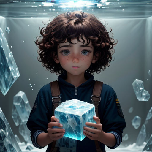 a young boy holding a crystal cube in front of a light source with ice crystals floating around him and a glowing light above him