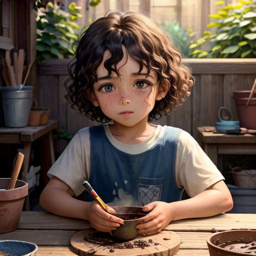 a young boy sitting at a table with a bowl of chocolate in front of him and a pot of chocolate in the background