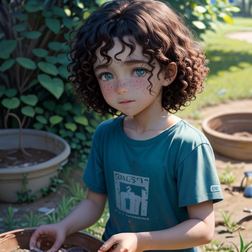 a young child holding a potted plant in a garden area with other plants and dirt in the ground
