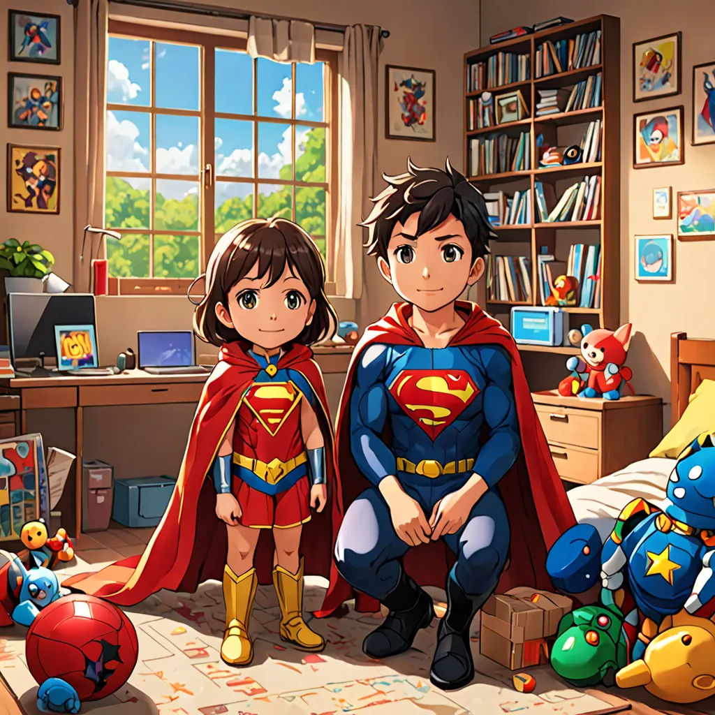 a boy and a girl in a bedroom with toys and a bookcase in the background, and a bed with a stuffed animal and a stuffed animal toy, superflat, a comic book panel, Artgerm, official art