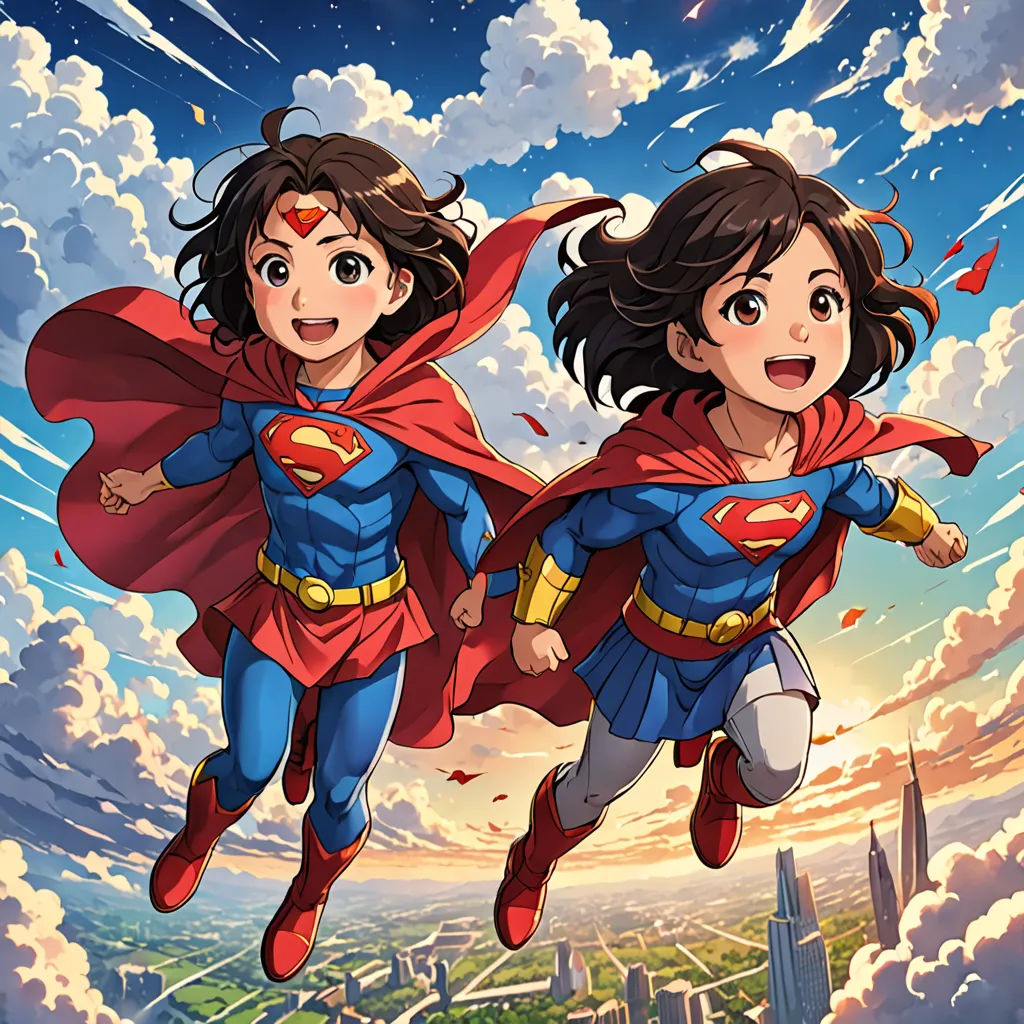 two girls flying through the air with superman and wonder woman in the background of a cityscape with clouds, superflat, a comic book panel, Artgerm, official art