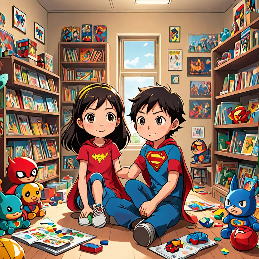 a couple of kids sitting on the floor in a room filled with toys and bookshelves with a window, lyco art, a storybook illustration, Artgerm, official art