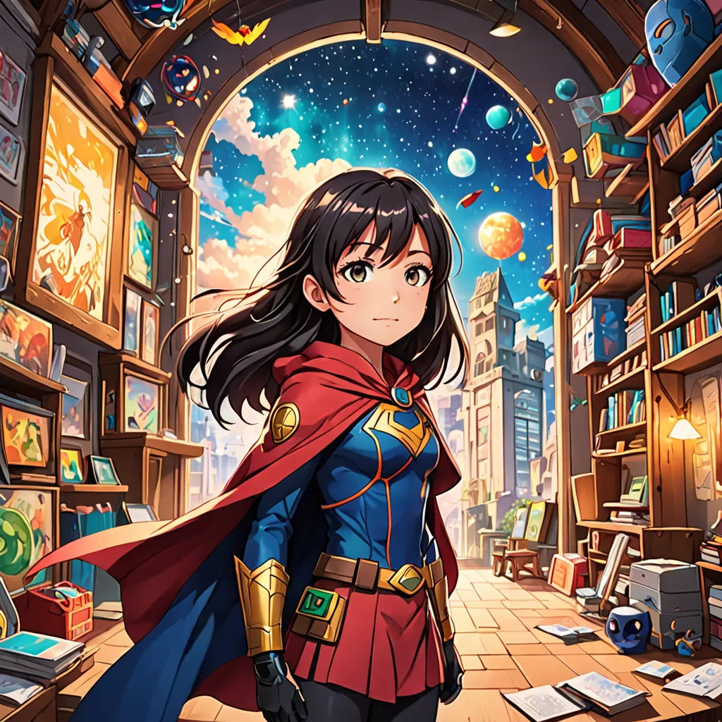 a woman in a library with a red cape and a red cape on her head and a red cape on her shoulder, space art, concept art, Artgerm, official art