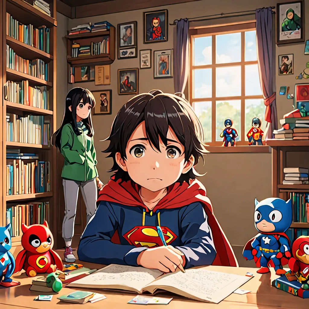 a young girl sitting at a desk with stuffed animals and books in front of her and a boy standing behind her, context art, a comic book panel, Artgerm, official art
