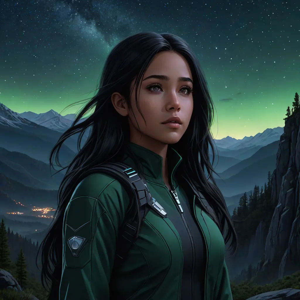 a woman in a green jacket standing in front of a mountain range at night with stars in the sky, fantasy art, a character portrait, Charlie Bowater, kinkade