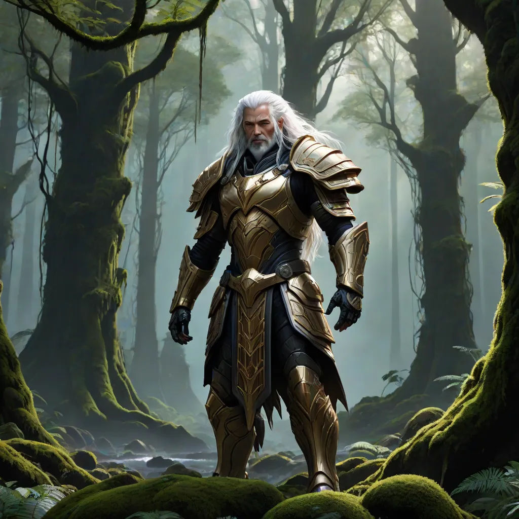 a man in a forest with a sword and armor on, standing in the middle of a forest with moss, fantasy art, concept art, Clint Cearley, magic the gathering artwork