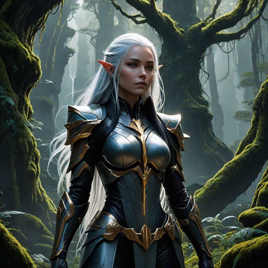 a woman in a forest with a sword and armor on her chest and a forest background with trees and moss, fantasy art, a character portrait, Clint Cearley, magic the gathering artwork