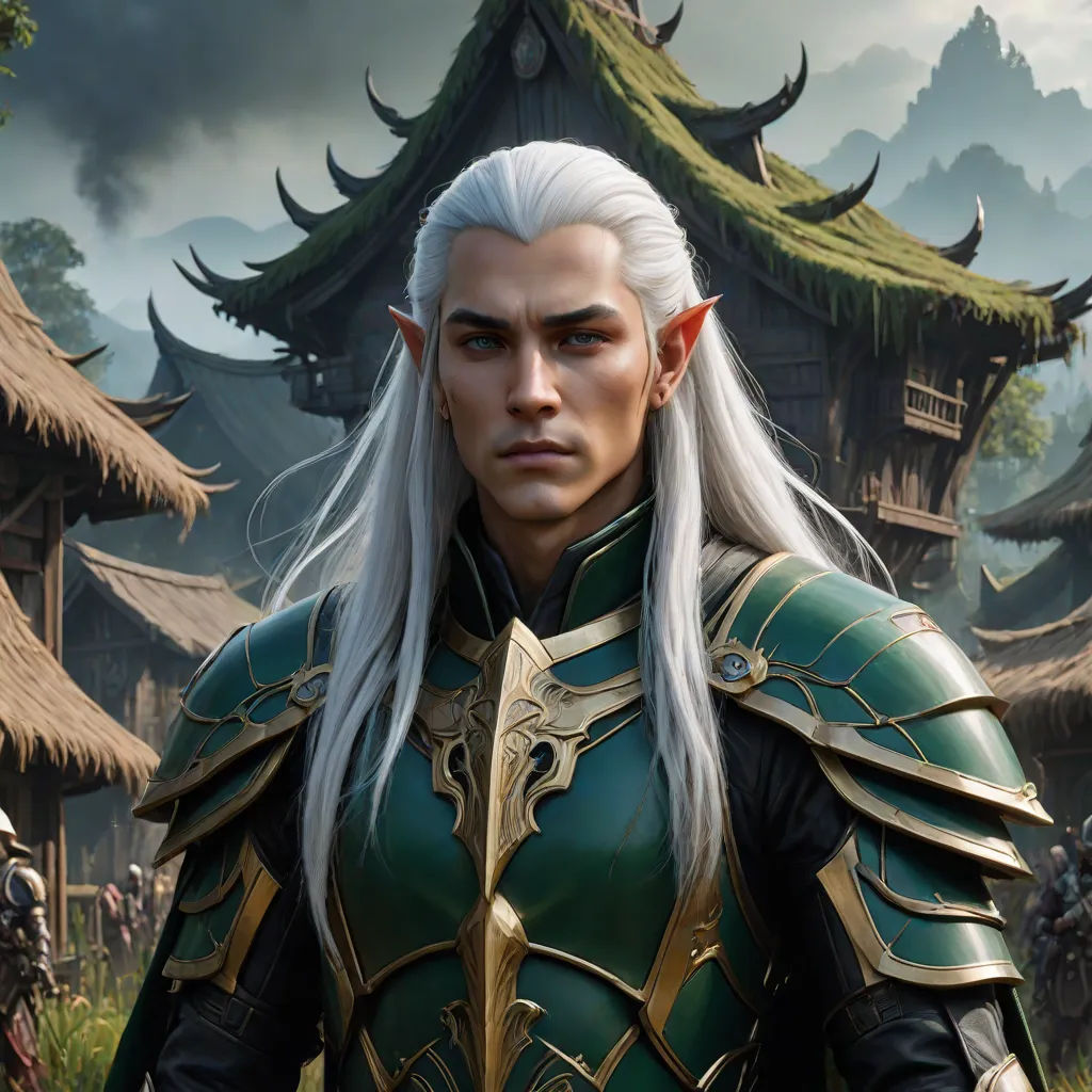 a man with white hair and a green outfit in front of a village with a dragon on it's head, fantasy art, a character portrait, Daryush Shokof, epic fantasy character art