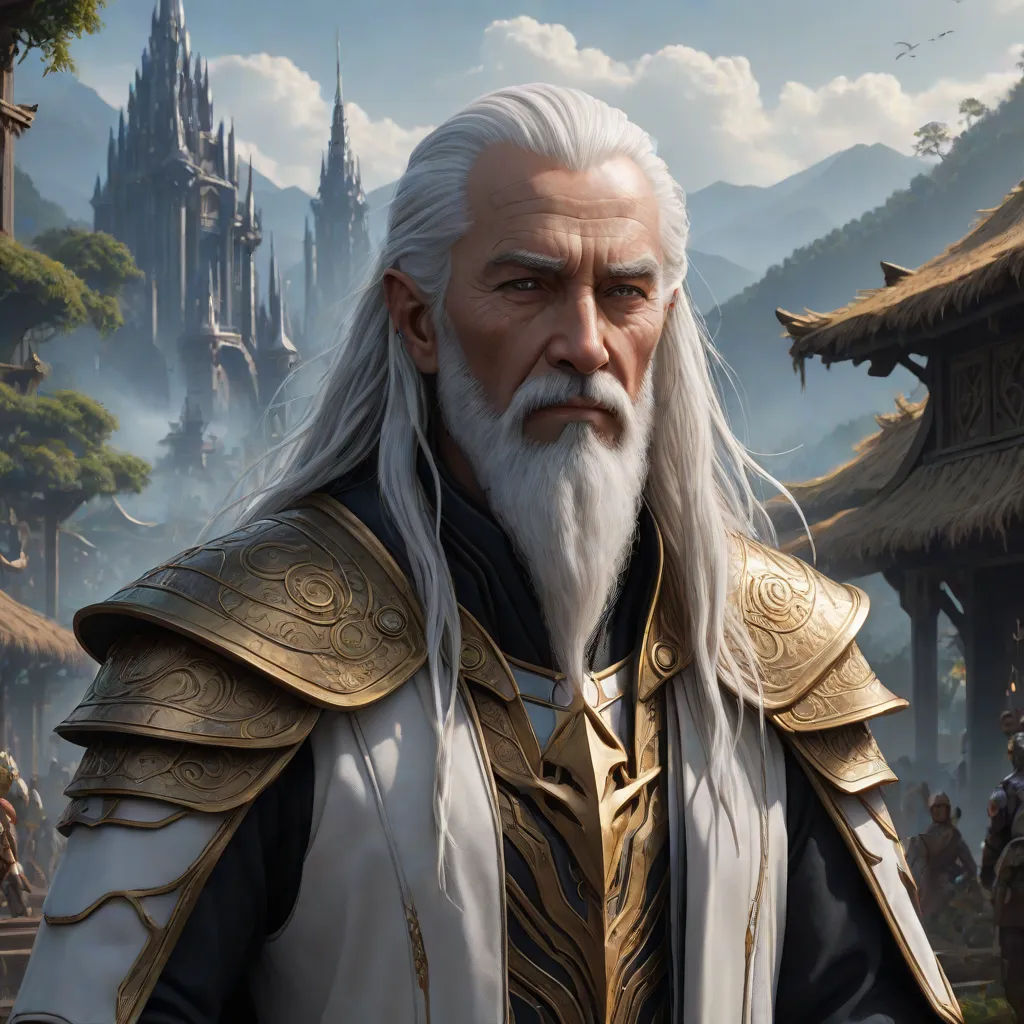 a man with a white beard and long white hair wearing a white beard and a gold and silver outfit, fantasy art, a detailed painting, Clint Cearley, epic fantasy character art