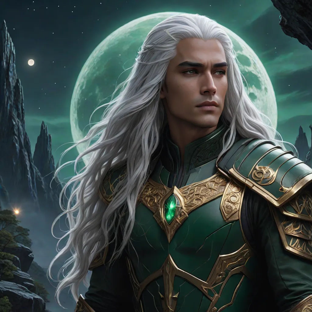 a man in a green outfit standing in front of a full moon and a forest with trees and rocks, fantasy art, a detailed painting, Donato Giancola, epic fantasy character art