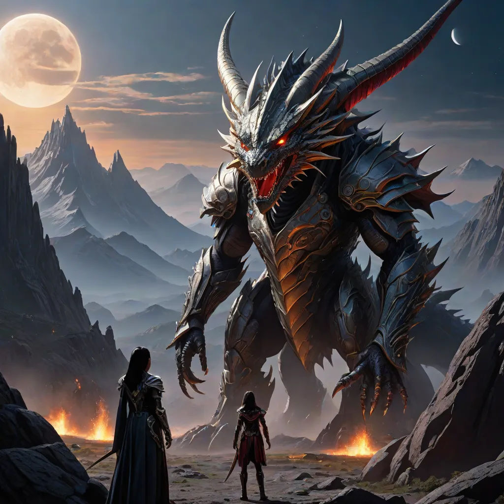 a couple of people standing next to a giant monster in a desert area with a full moon in the background, fantasy art, concept art, Clint Cearley, fantasy artwork