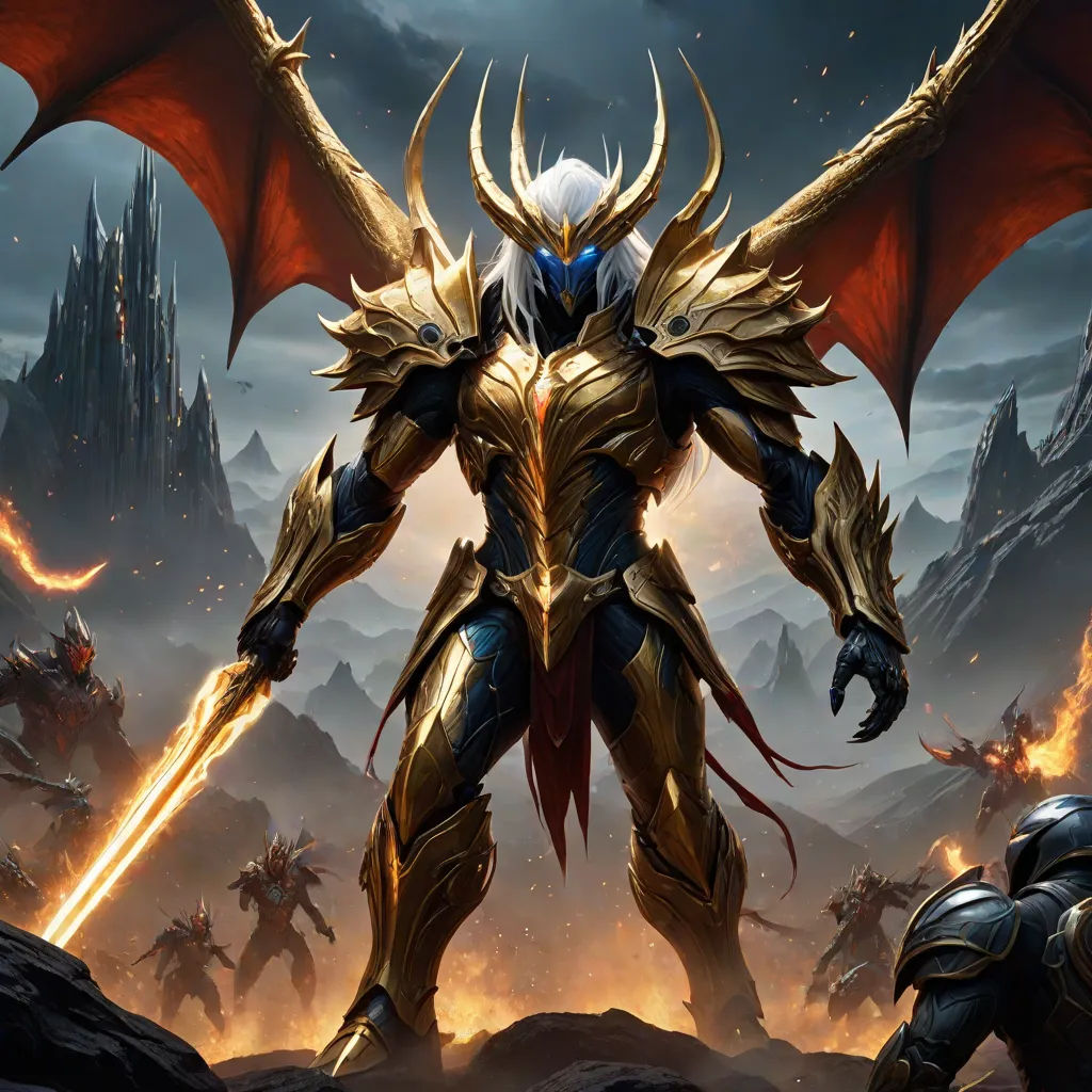 a demonic looking dragon with two swords in his hands and a demon with two wings on his back, standing in front of a mountain, fantasy art, concept art, Anne Stokes, magic the gathering artwork
