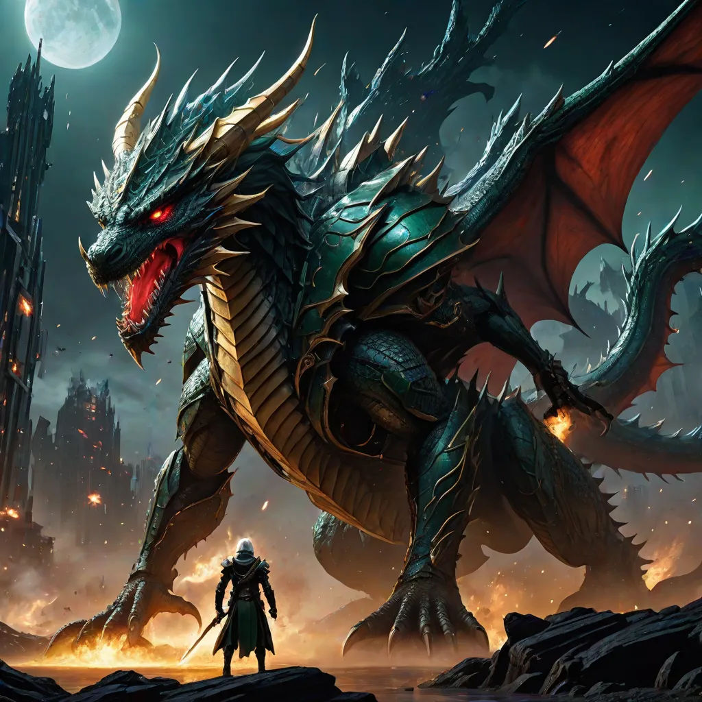 a dragon with a man standing next to it in front of a castle and a full moon sky with a castle in the background, fantasy art, computer graphics, Daryush Shokof, epic fantasy