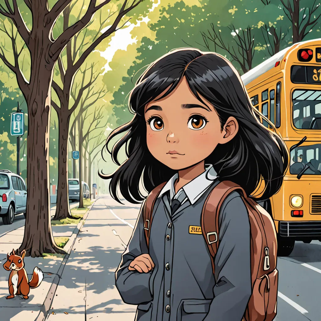 a girl standing on a sidewalk next to a school bus and a squirrel on the sidewalk in front of her, vancouver school, a comic book panel, David Park, comic cover art