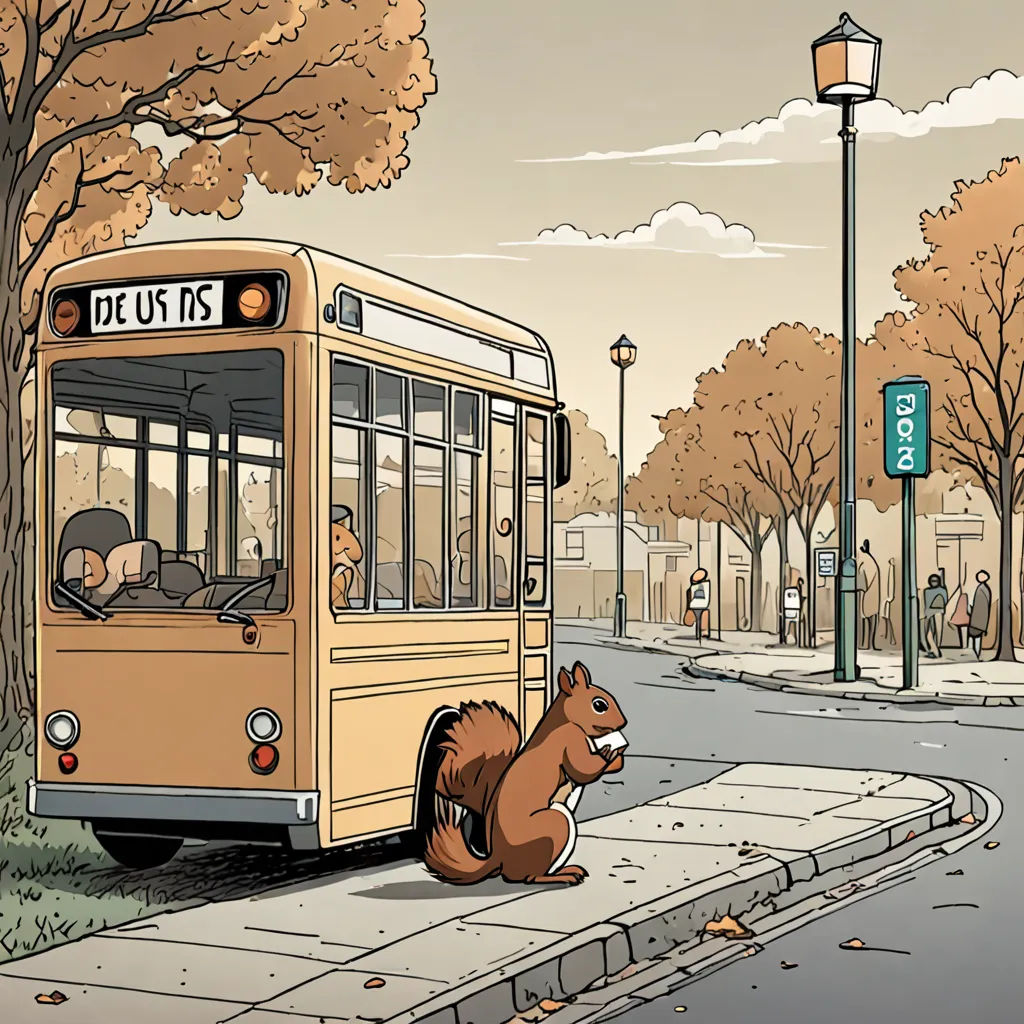 a squirrel is sitting on the curb next to a bus that is stopped at a bus stop and a man is sitting on the bus, les automatistes, a storybook illustration, Chris Ware, graphic novel