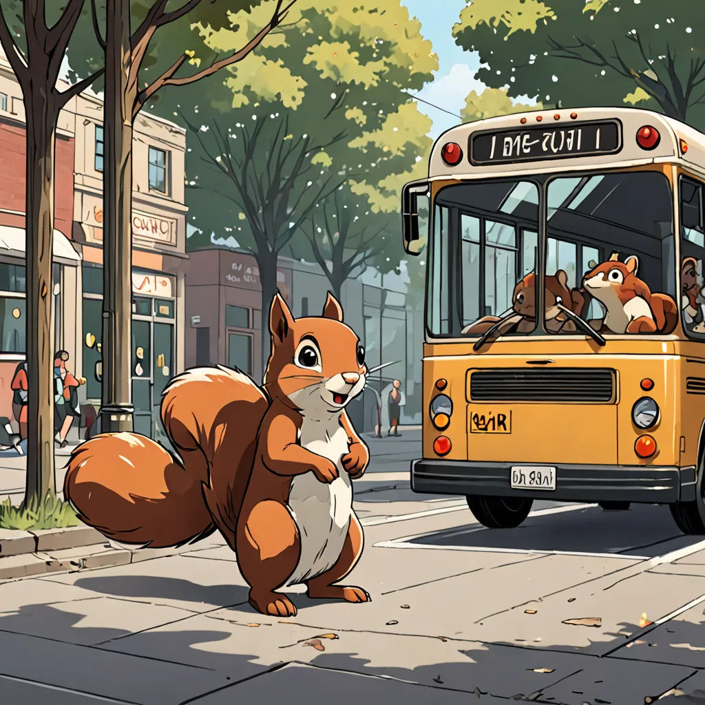 a squirrel is standing in front of a bus and a squirrel is sitting on the sidewalk in front of the bus, furry art, a storybook illustration, Chris LaBrooy, josan gonzales and dan mumford