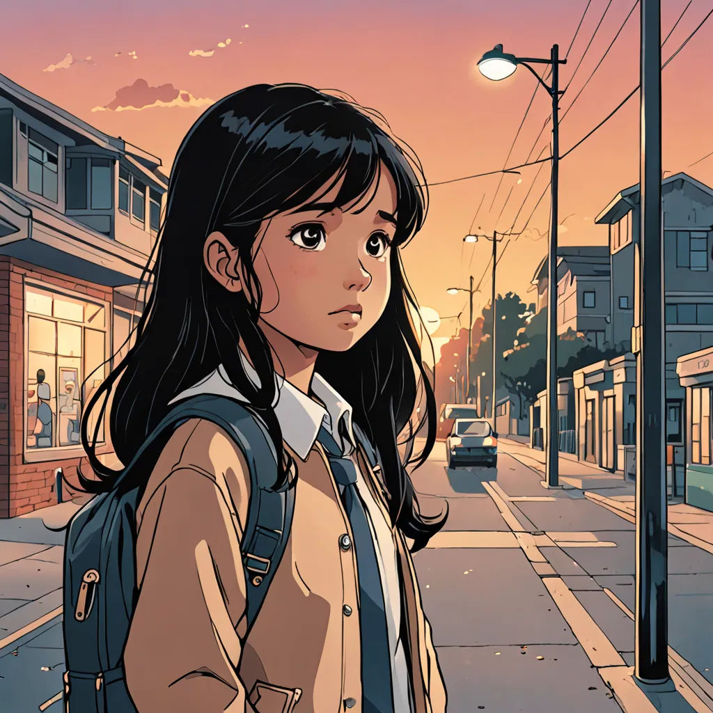 a girl standing on a street corner with a backpack on her back and a car parked on the side of the street, shock art, a comic book panel, Atey Ghailan, anime art