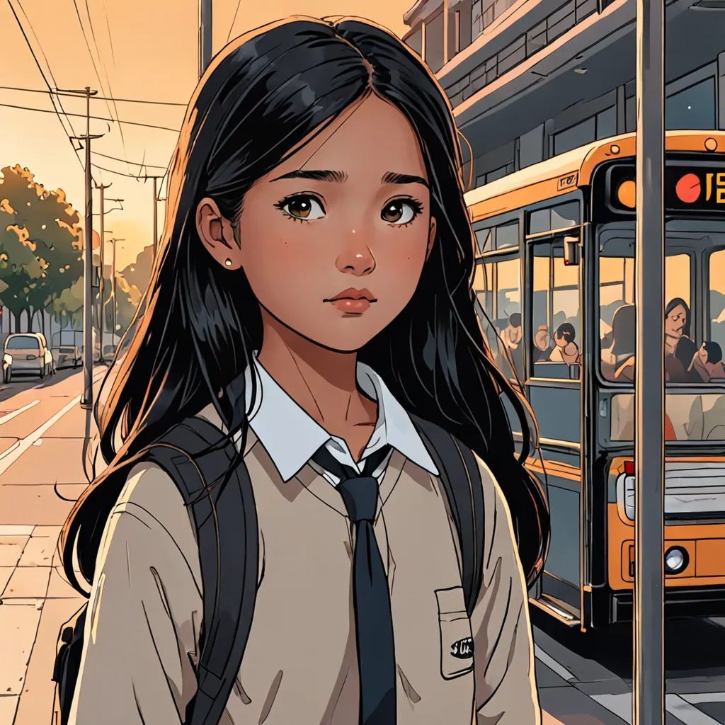 a girl in a school uniform standing in front of a bus on a city street at sunset with a bus in the background, fantasy art, a comic book panel, Atey Ghailan, anime art