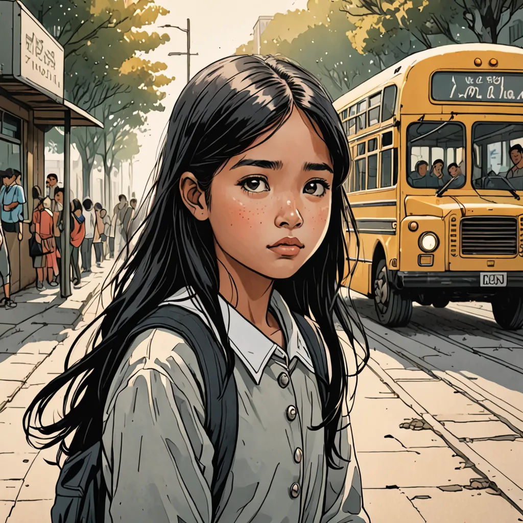 a girl standing in front of a bus on a street with people standing around her and a bus in the background, american realism, a comic book panel, Audrey Kawasaki, yukito kishiro