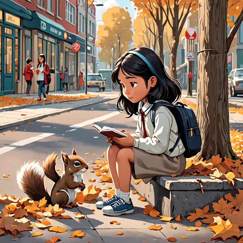 a girl sitting on a bench next to a squirrel and a tree with leaves on it and a man walking by, american scene painting, a storybook illustration, Chris LaBrooy, official art