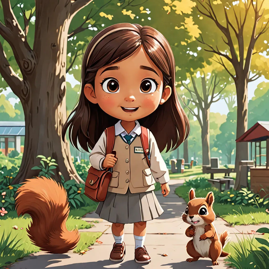 a girl with a backpack and a squirrel on a path in a park with trees and benches in the background, vancouver school, a storybook illustration, Chippy, official art