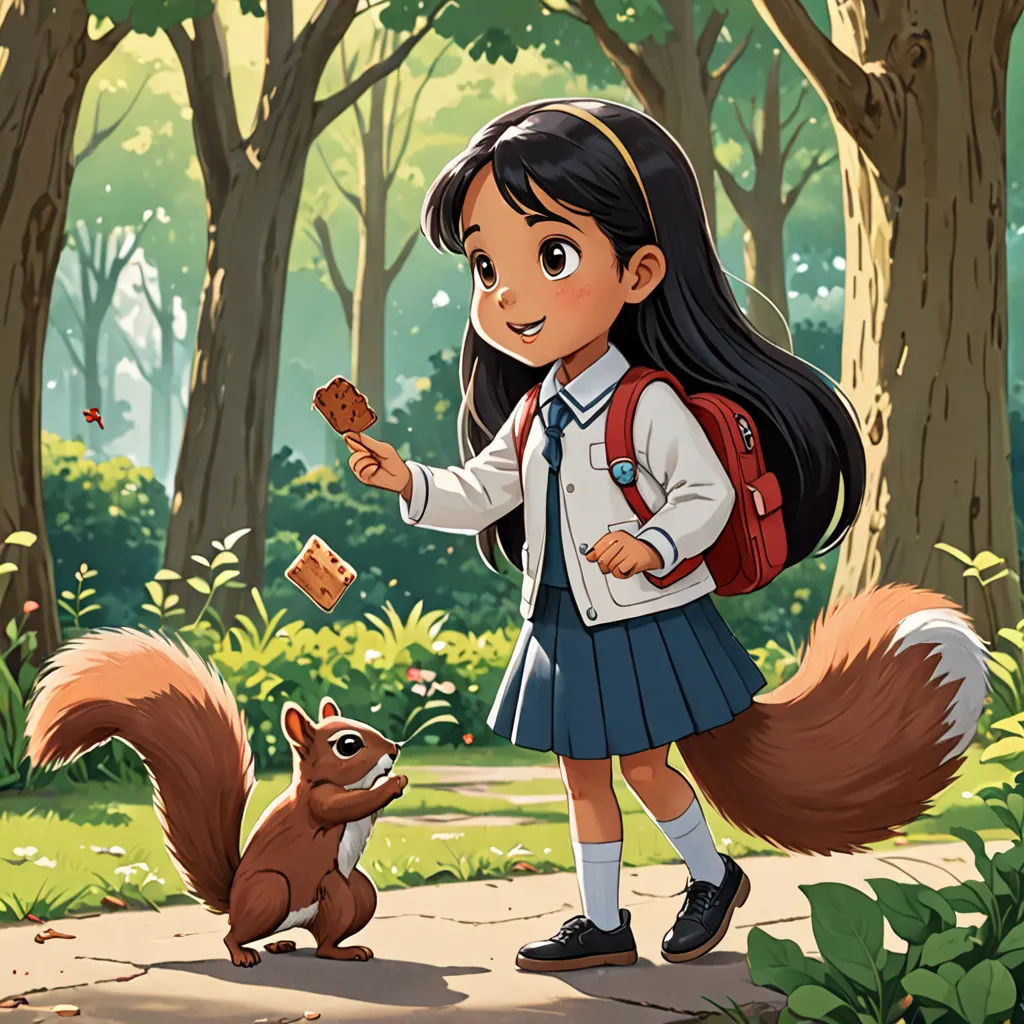 a girl in a school uniform feeding a squirrel in a forest with trees and grass behind her, and a squirrel on the ground, furry art, a storybook illustration, Chris LaBrooy, official art