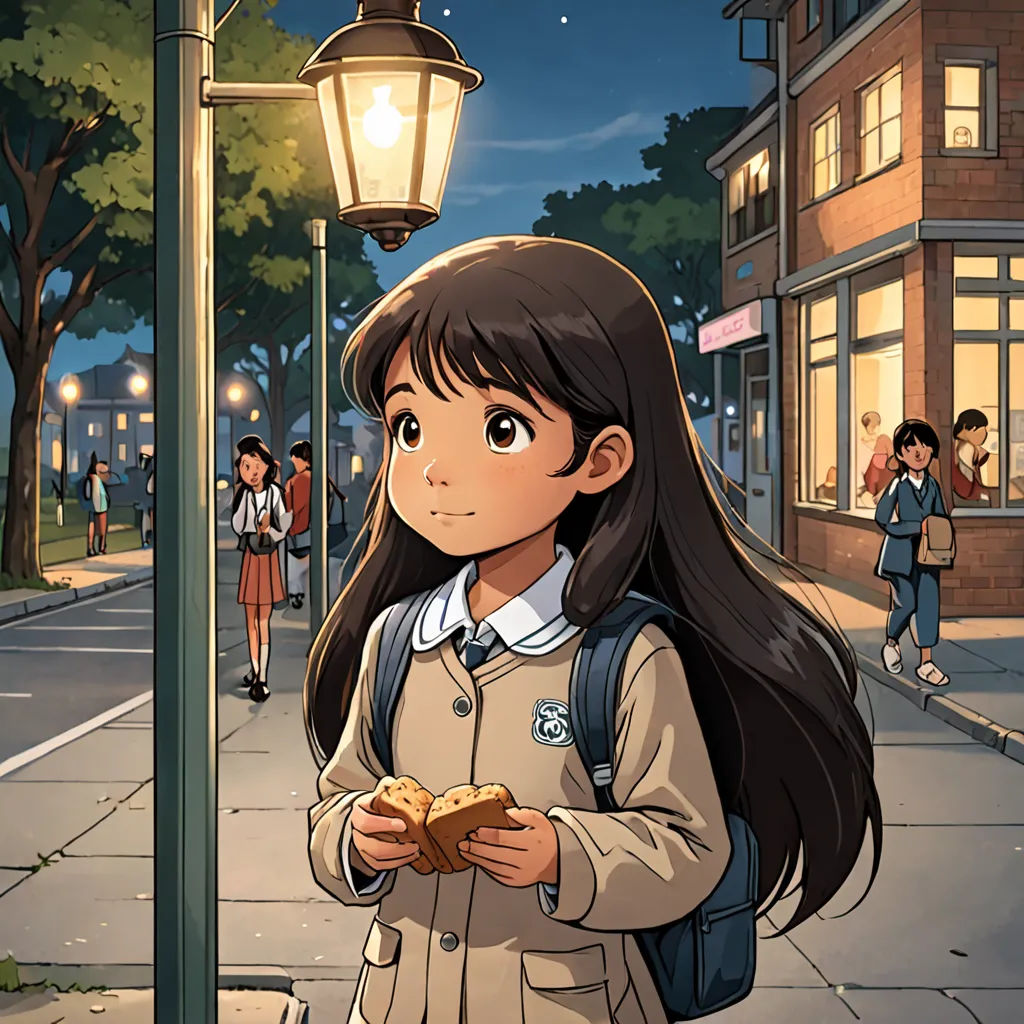 a girl standing on a sidewalk holding a sandwich in her hands and a lamp post in the background with people walking on the sidewalk, serial art, a comic book panel, Asaf Hanuka, official art