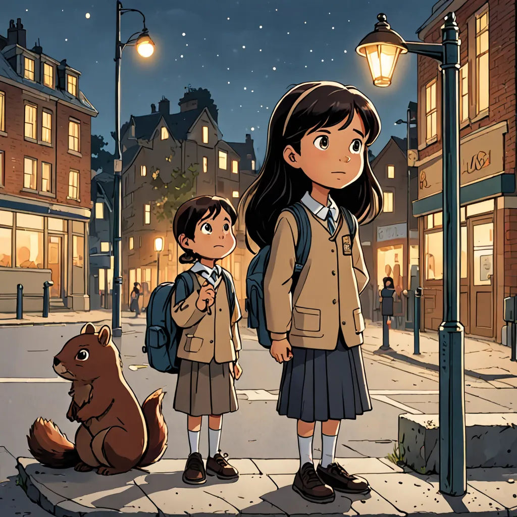 a girl and boy standing on a sidewalk next to a bear and a lamp post at night time,, paris school, a storybook illustration, Cliff Childs, official art