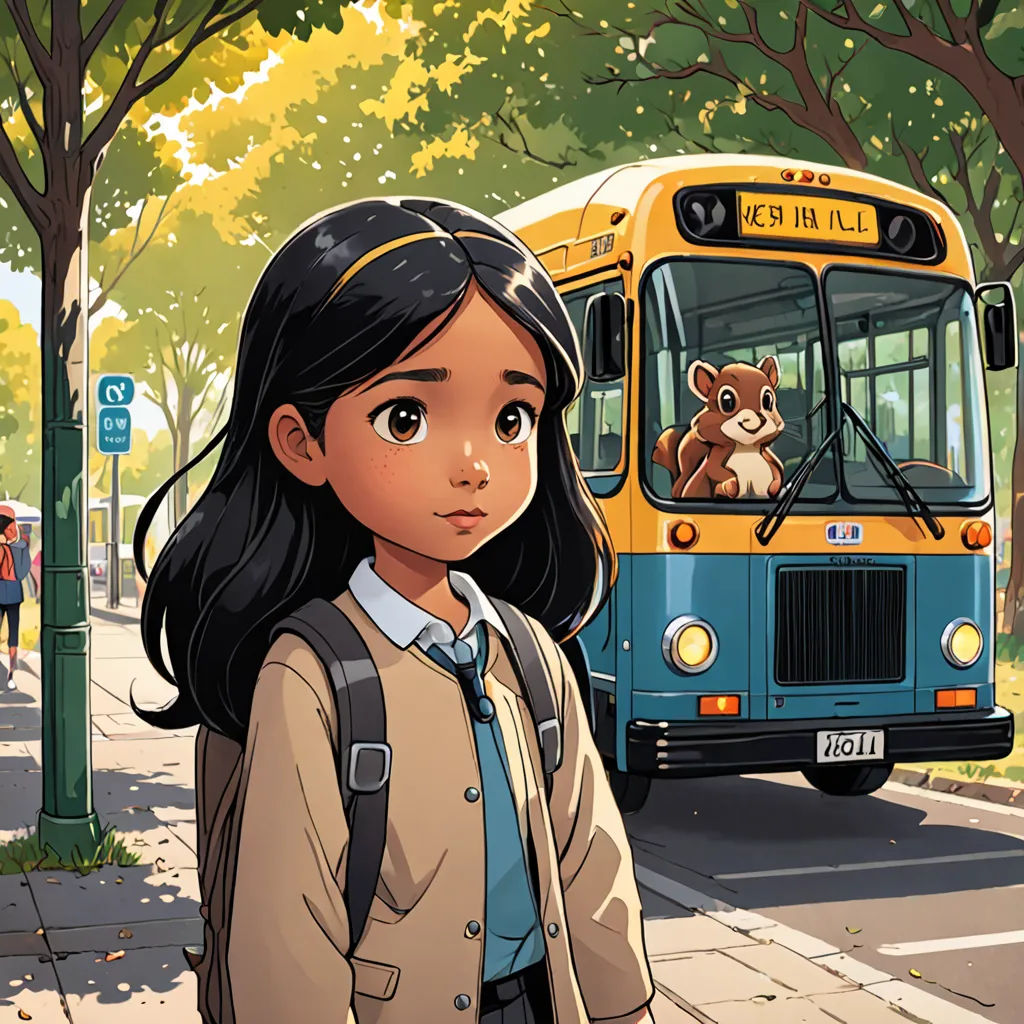 a girl standing on the side of a road next to a bus and a teddy bear on the front of the bus, magical realism, a comic book panel, Choi Buk, official art