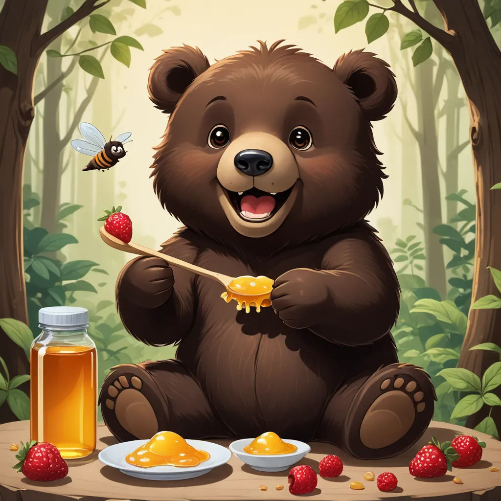 a bear holding a honey spoon and a honey jar with a honey on it and a bee on the ground, furry art, a storybook illustration, Chris LaBrooy, hi - fructose