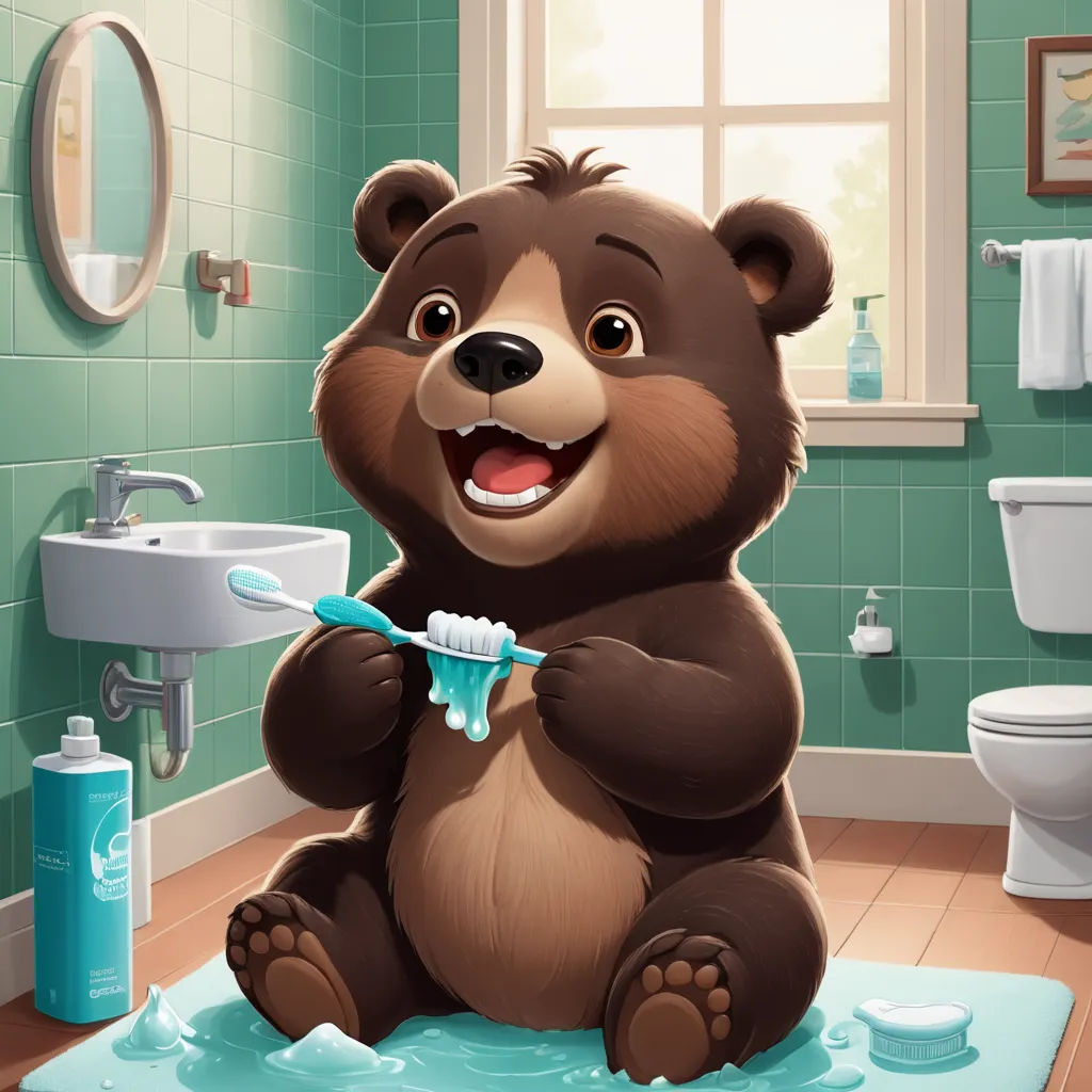a cartoon bear is brushing his teeth in a bathroom with a blue rug on the floor and a sink, furry art, a storybook illustration, Chris LaBrooy, brush hard