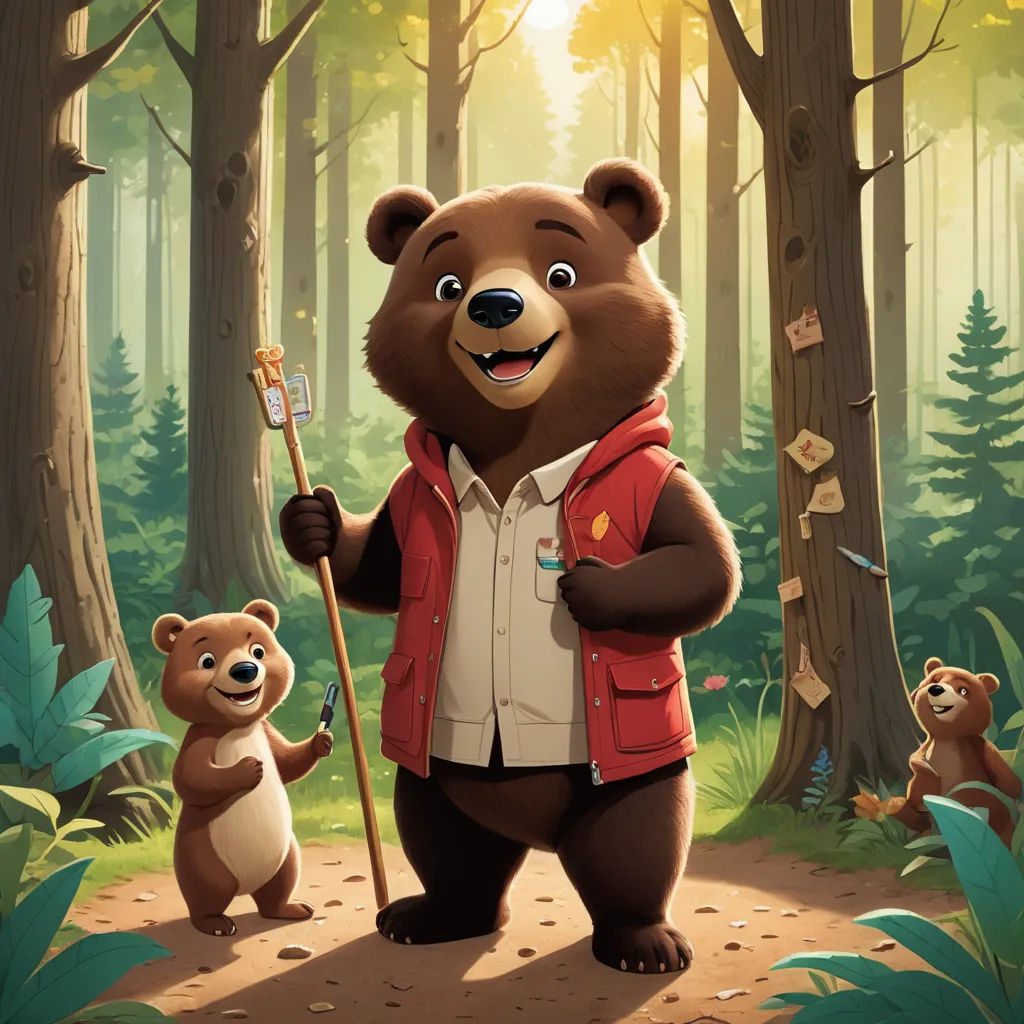 a bear and a bear cub are standing in the woods with a stick and a bear is holding a stick, furry art, a storybook illustration, Chris LaBrooy, official art