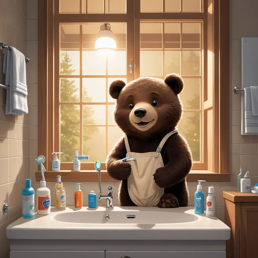 a brown bear standing in front of a sink in a bathroom next to a window with a lot of bottles on it, furry art, a storybook illustration, Chris LaBrooy, brush hard
