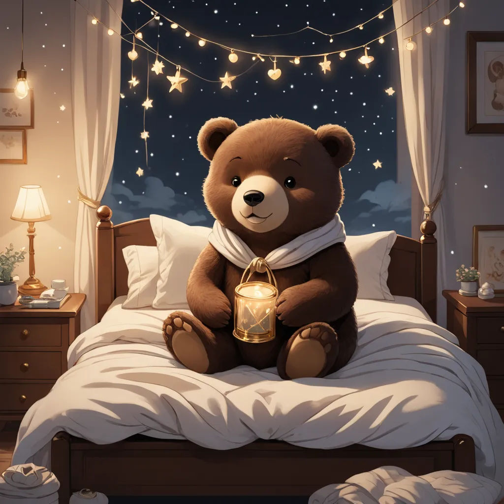 a teddy bear sitting on a bed with a lantern in its hand and a night sky background with stars, fantasy art, a storybook illustration, Arthur Pan, trending on art station