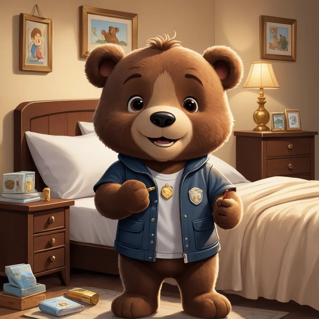 a brown teddy bear standing in a bedroom next to a bed and a night stand with a night stand, american scene painting, a storybook illustration, Chris LaBrooy, kinkade
