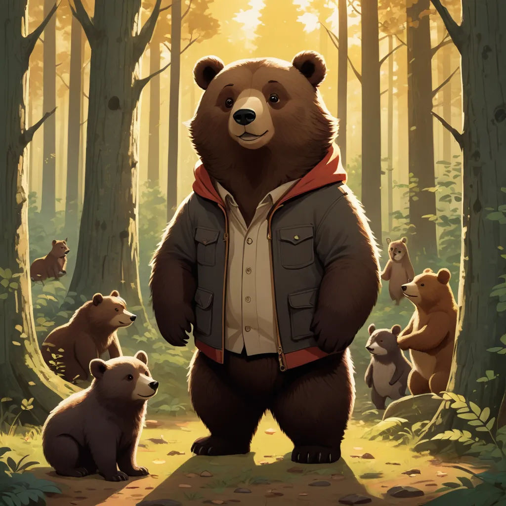 a bear standing in the middle of a forest with other bears around him and a man in a jacket, furry art, a character portrait, Chris LaBrooy, official art