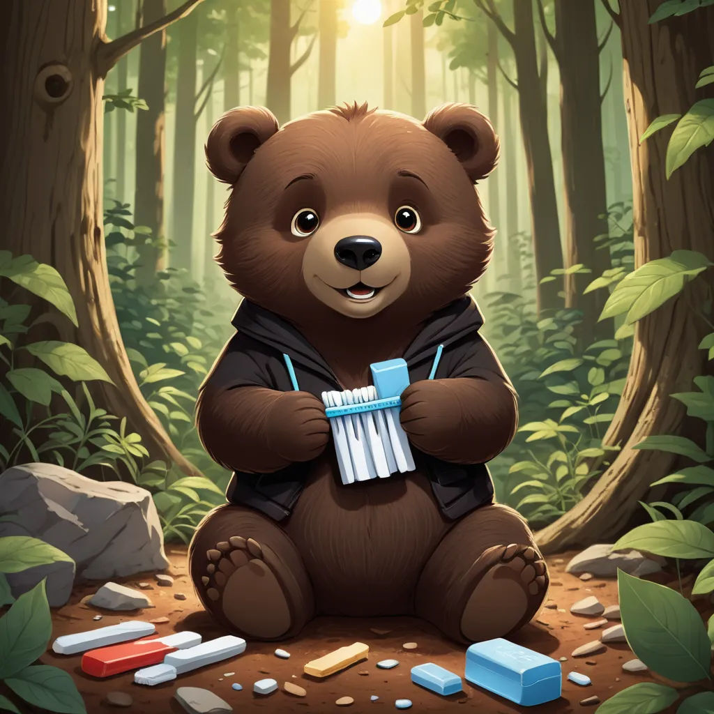a bear sitting in the middle of a forest with pills and a pack of pills in his lap and a bottle of pills in his hand, furry art, a character portrait, Dan Mumford, key art