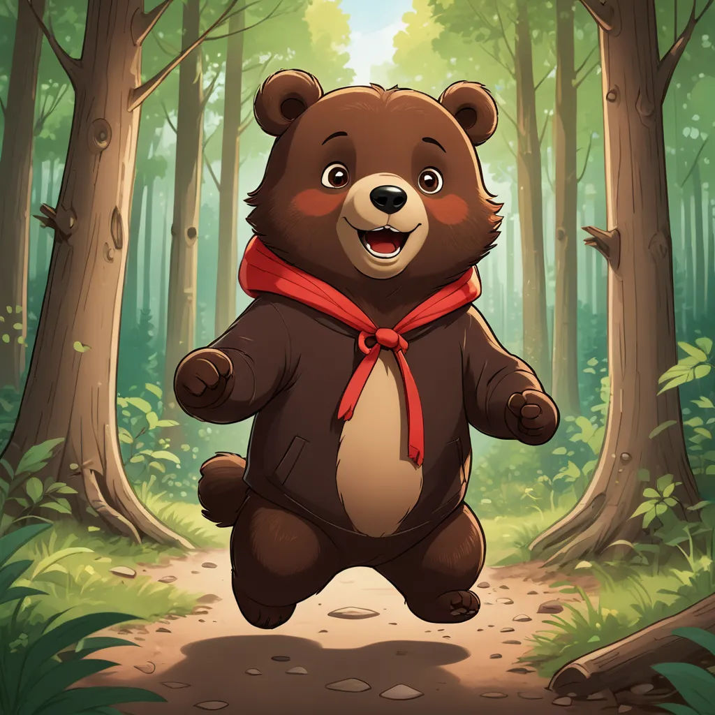 a bear is standing in the middle of a forest with trees and leaves on the ground and a red scarf around its neck, furry art, a character portrait, Du Jin, official art