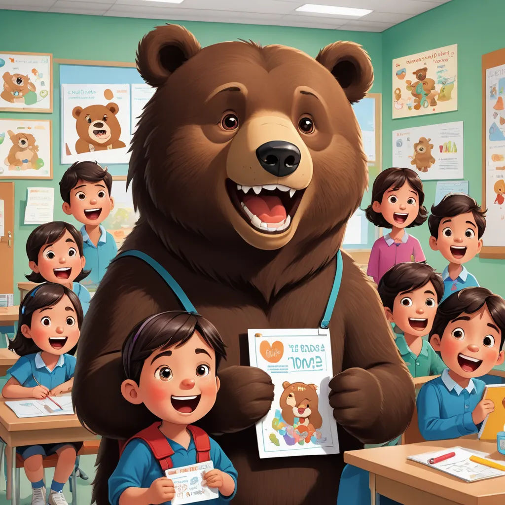 a large brown bear standing in front of a classroom full of children holding a book and smiling at the camera, vancouver school, a storybook illustration, Diego Gisbert Llorens, promotional image