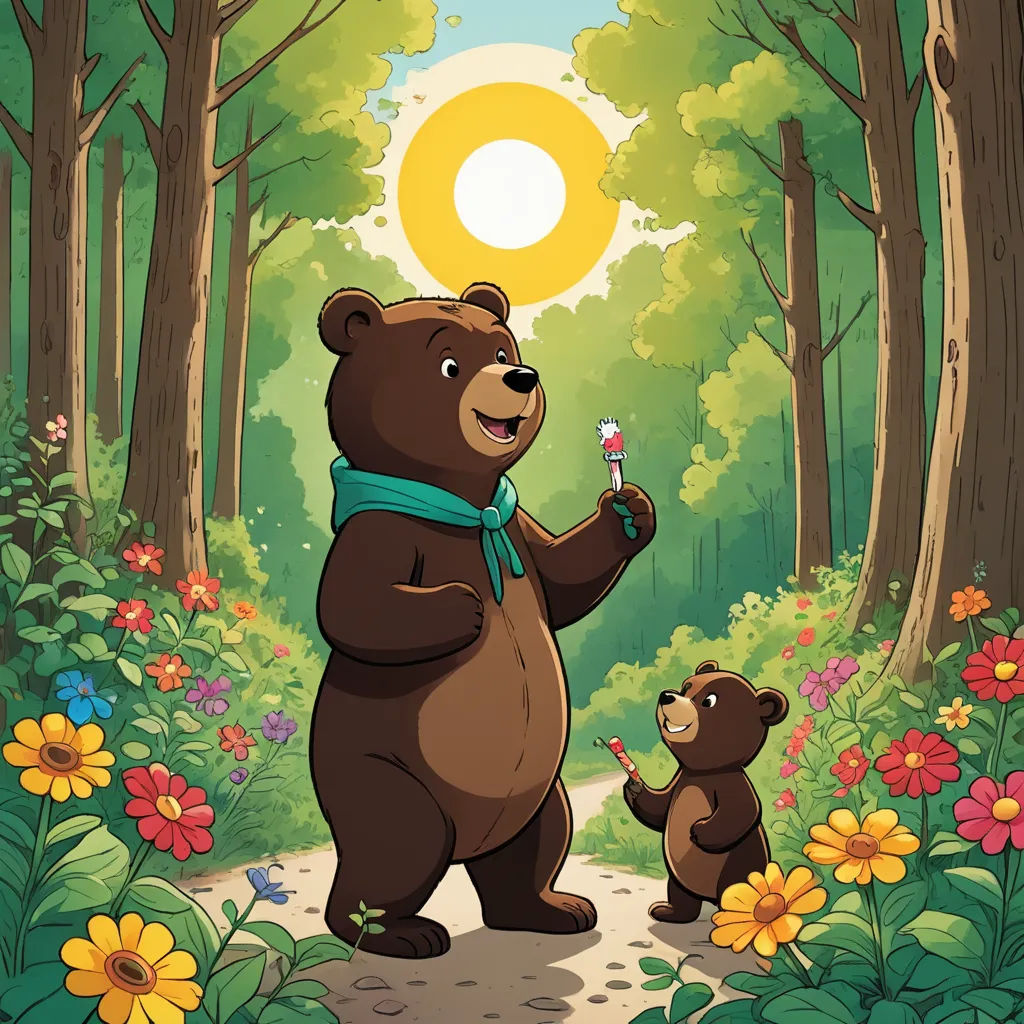 a bear and a bear cub are standing in the woods with a sun in the background and flowers around them, environmental art, a storybook illustration, Diego Gisbert Llorens, storybook illustration