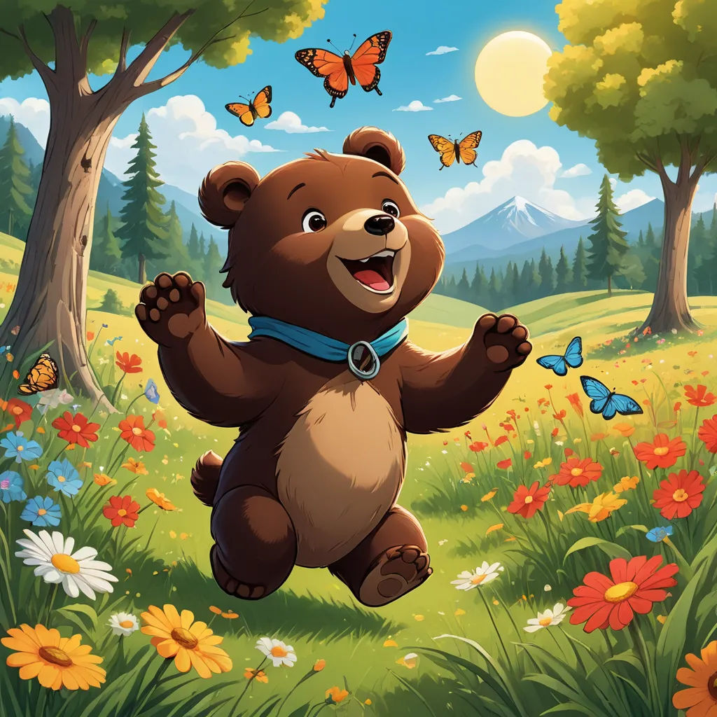 a brown bear is running through a field of flowers and butterflies with a butterfly in the sky above him, sots art, a storybook illustration, Chris LaBrooy, official art