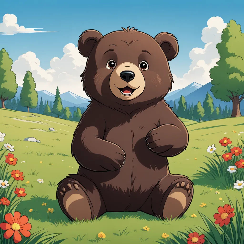 a brown bear sitting in a field of flowers and grass with mountains in the background and a sky with clouds, furry art, a character portrait, Boris Vladimirski, brown