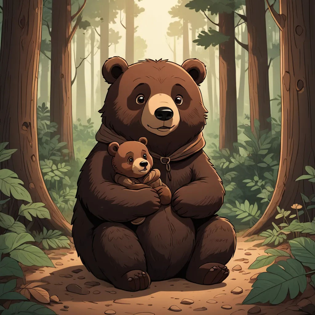 a bear and a baby bear sitting in the woods together, with the sun shining through the trees behind them, furry art, a storybook illustration, Dan Mumford, storybook illustration