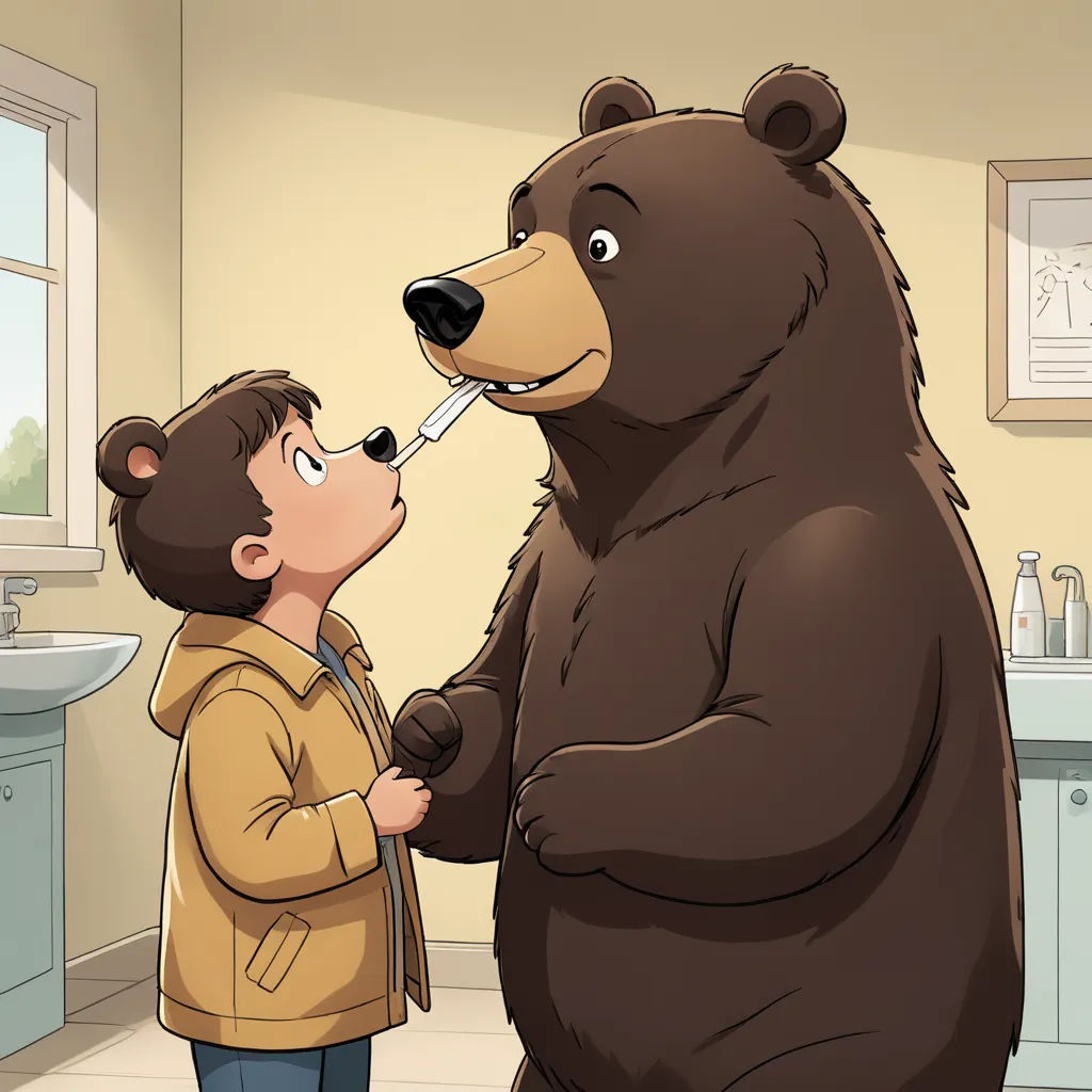 a boy is standing in a bathroom with a large bear on his head and a toothbrush in his mouth, furry art, a storybook illustration, Andrey Esionov, official art