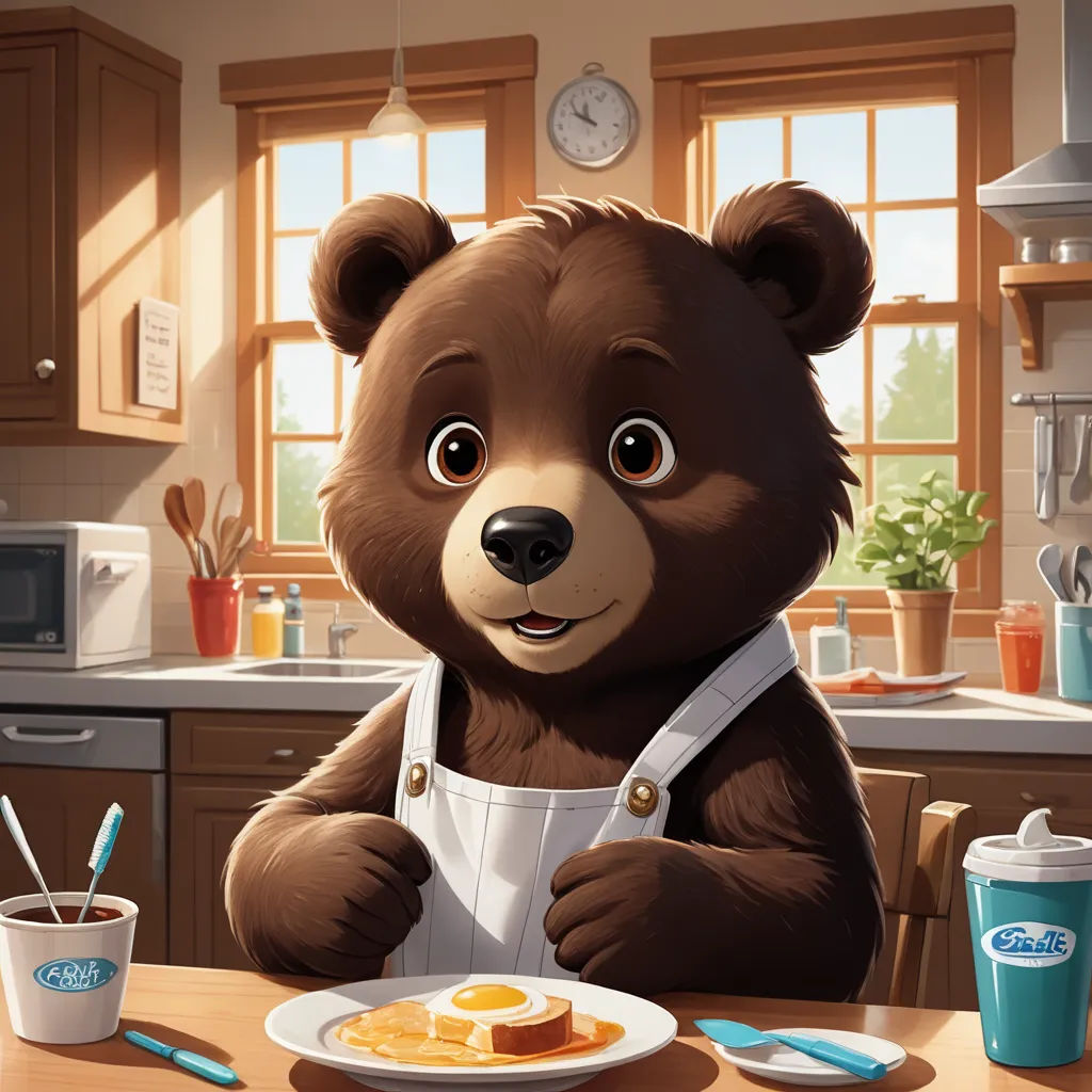 a brown bear sitting at a table with a plate of food and a cup of coffee in front of him, furry art, a storybook illustration, Chris LaBrooy, cgstudio
