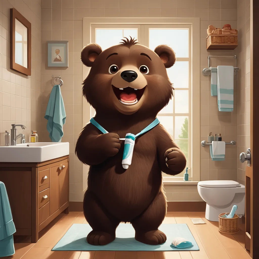 a cartoon bear is standing in a bathroom with a toothbrush in his hand and a towel on his chest, furry art, a storybook illustration, Chris LaBrooy, behance hd