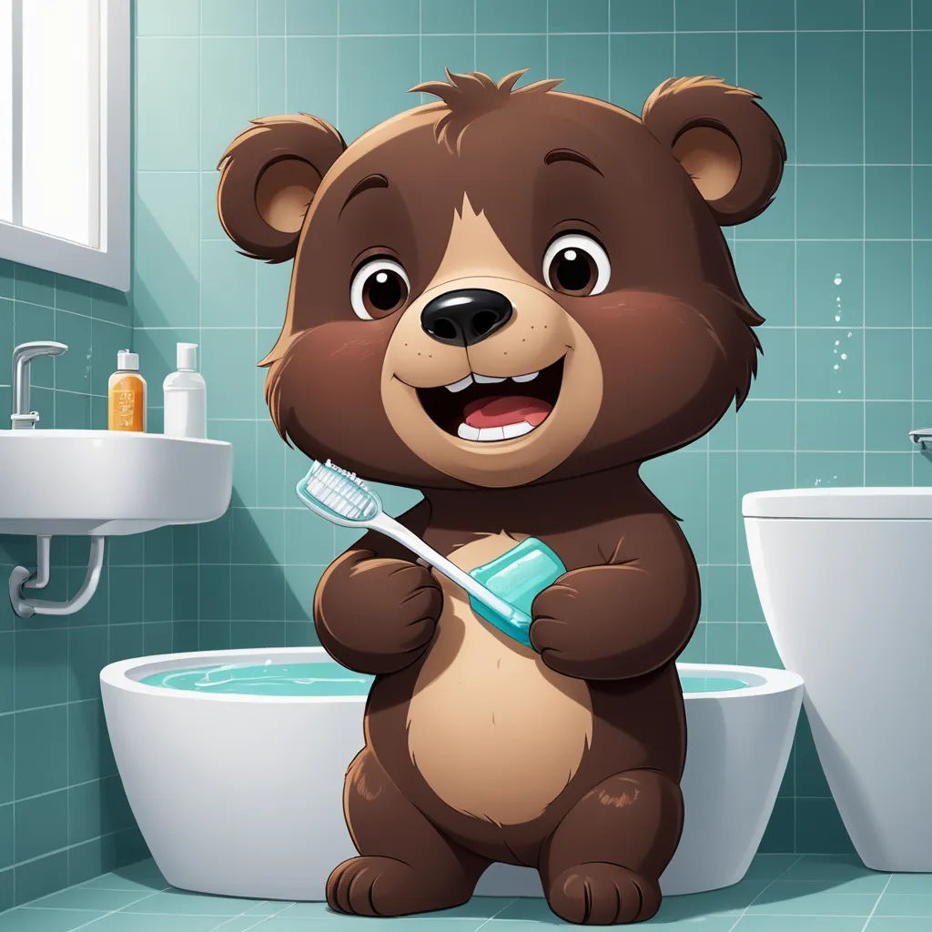 a brown bear standing in a bathroom next to a toilet and sink with a toothbrush in it's mouth, sots art, a storybook illustration, Diego Gisbert Llorens, brush hard