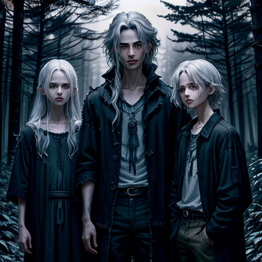 a group of people standing in the woods together in front of a forest with trees and a moon in the sky